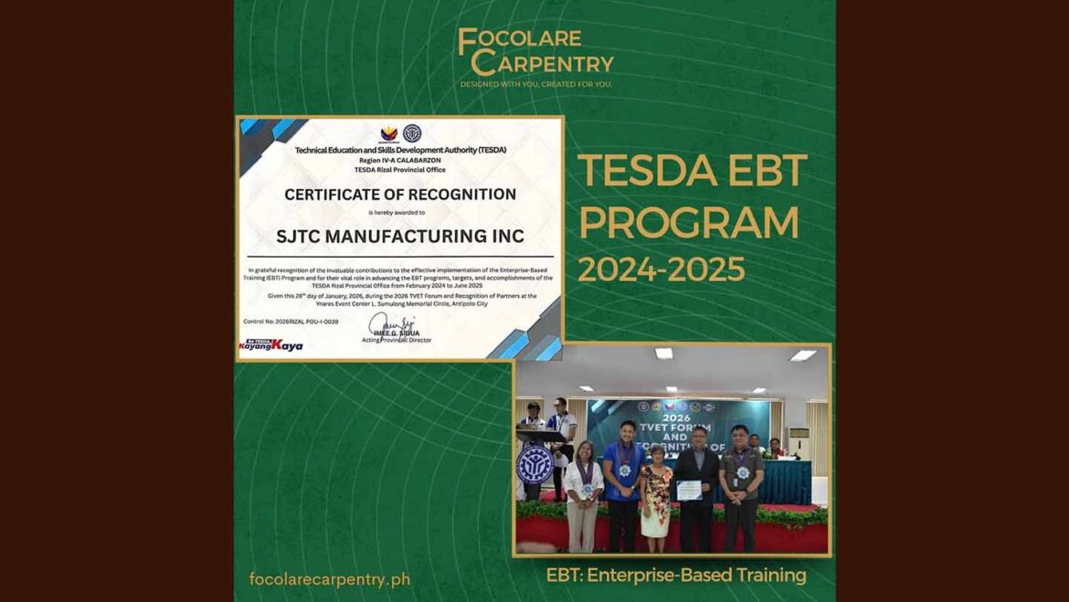 Recognition Tesda - Focolare Carpentry - Custom-made Furniture Philippines - Perfect for your Living, Dining, Bedroom, School, Office, Prayer Rooms